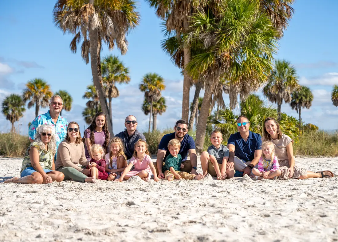 Large extended family group on the beach